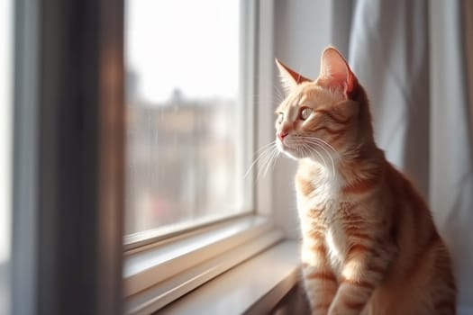 Red fluffy cat sitting on the window sill boring and looking out the window. Generative AI