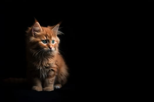 Red fluffy kitten with green eyes sitting on the dark background horizontal banner. Generative AI