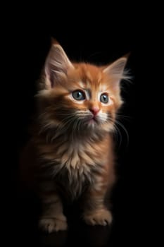 Red fluffy kitten with green eyes sitting on the dark background vertical. Generative AI