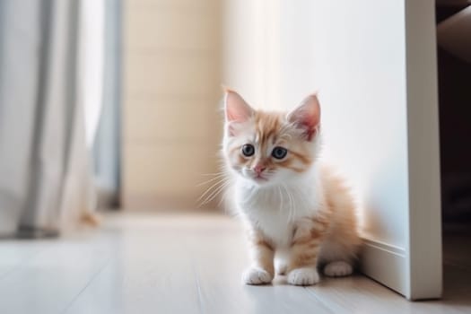 Pet adoption, a red kitten in a new home sits on the floor with empty space. Generative AI