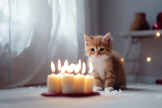 The adorable red kitten and a fired candles on the floor, magic celebration. Generative AI