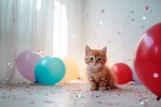 The adorable red kitten after celebration with colorful confetti and a party balloons on the white tiled floor with copy space. Generative AI