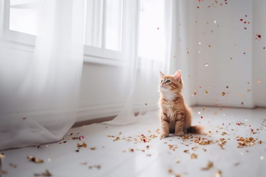 The adorable red cat with gold confetti at the Xmas party on the white floor with copy space. Generative AI