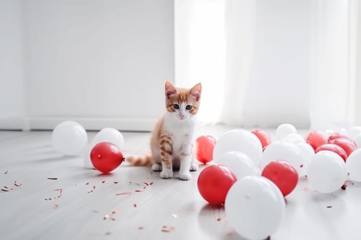 The adorable red cat after celebration with red and white confetti and a party balloons on the white tiled floor with copy space. Generative AI