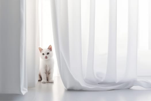 White cat sits on the floor near the white window in minimalistic style, sunny daylight with copy space. Generative AI