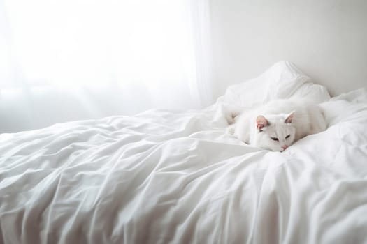 Cute domestic white cat awaking and lying on a bed under a white blanket in the bedroom with copy space. Generative AI