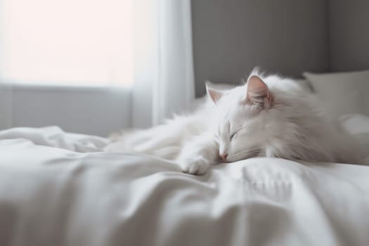 Fluffy hypoallergenic pets, cats in the home - cleanliness and hygiene of white sheets in the bedroom with copy space. Generative AI