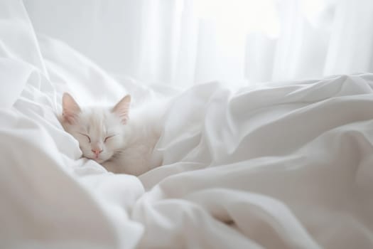 Fluffy hypoallergenic pets, cats in the home - cleanliness and hygiene of white sheets in the bedroom with copy space. Generative AI