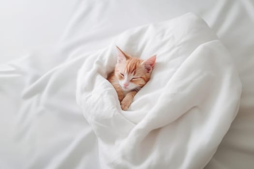 Cute domestic red cat sleeping on a bed under a white blanket in the bedroom with copy space. Generative AI