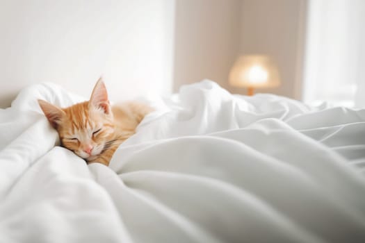 Cute domestic red cat awaking and lying on a bed under a white blanket in the bedroom with copy space. Generative AI