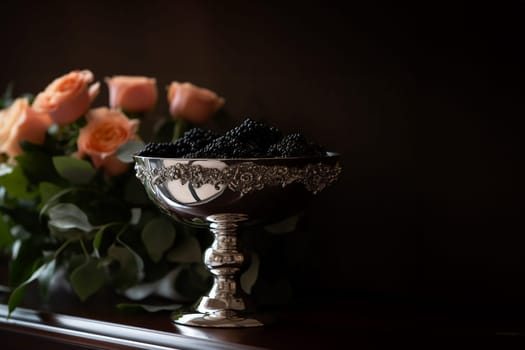 The vintage silver bowl with appetizing black caviar on dark background with copy space. Generative AI
