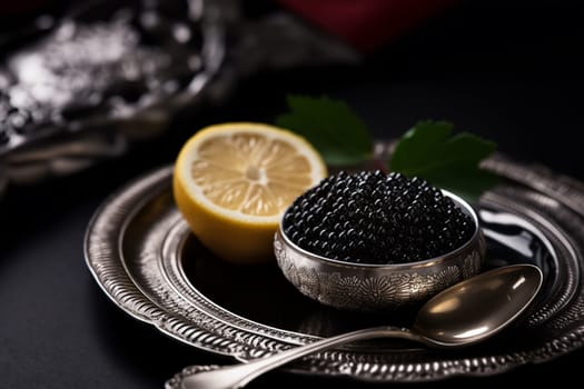 The bowl with appetizing black caviar and vintage silver spoon on dark background with copy space. Generative AI