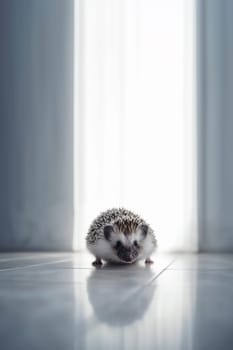 A beautiful cute prickly domestic hedgehog with spikes on a white floor in the house with copy space. Generative AI