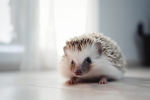 A beautiful cute prickly domestic hedgehog with spikes on a white floor in the house with copy space. Generative AI