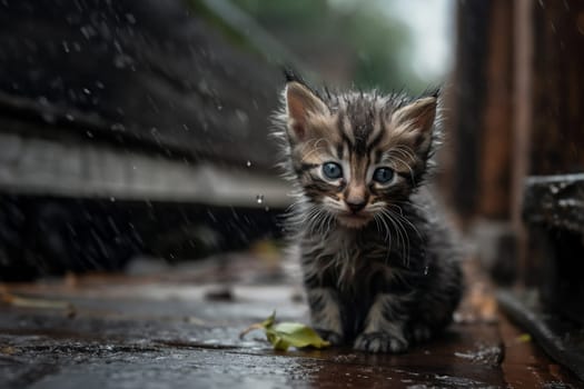 Little stray kitten, hungry, shivering and wet, sitting alone in the cold rain outside, abandoned pet, animal shelter. Generative AI