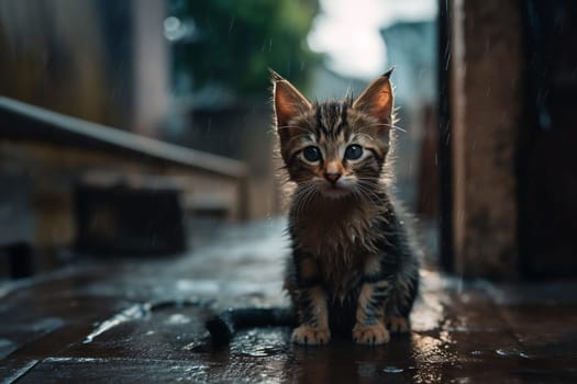 Little stray kitten, hungry, shivering and wet, sitting alone in the cold rain outside, abandoned pet, animal shelter. Generative AI