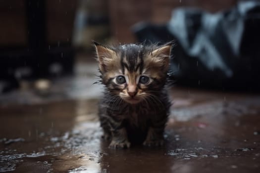 Little stray kitten, hungry, shivering and wet, sitting alone in the cold rain outside, abandoned pet, animal shelter. Generative AI