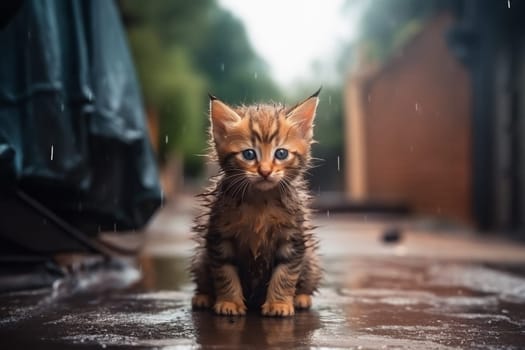 Little stray kitten, hungry, shivering and wet, sitting alone in the cold rain outside, abandoned pet, animal shelter. Generative AI