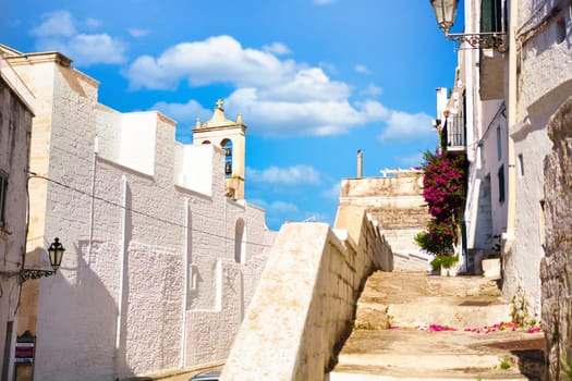 A cobblestone street lined with potted plants. A charming street in Ostuni, Italy, adorned with potted plants and cobblestone paving