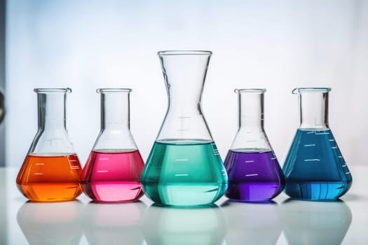 Laboratory equipment beakers and flasks with colorful liquids with backlight in different group. AI Generated