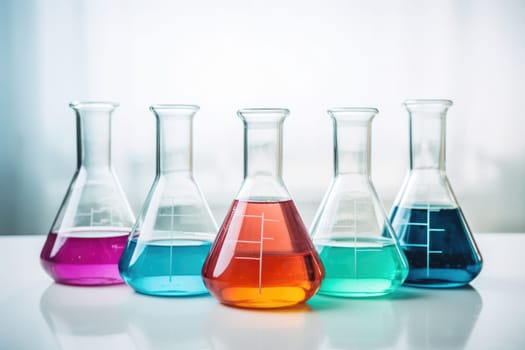 Laboratory equipment beakers and flasks with colorful liquids with backlight in different group. AI Generated