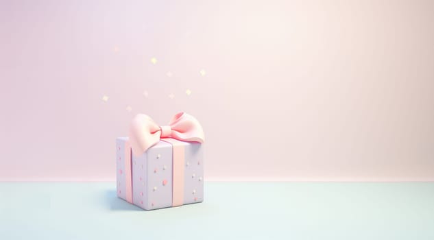 3d pastel closed gift box standing on the floor with pastel ribbon bow isolated on a light background. 3d render modern holiday surprise box. Realistic cute icon. Valentine,Birthday,present concept design Copy space