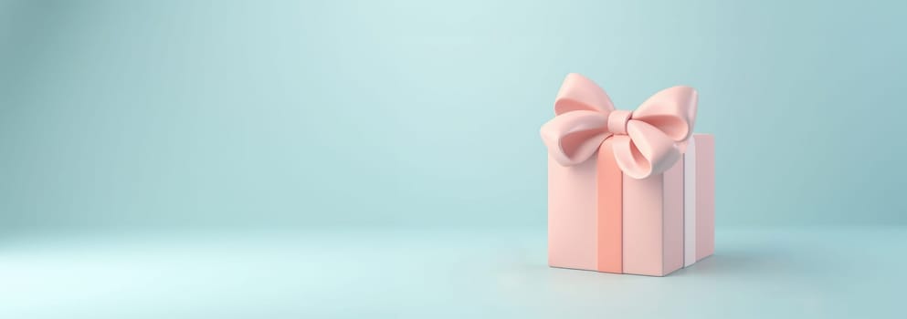 3d pastel closed gift box standing on the floor with pastel ribbon bow isolated on a light background. 3d render modern holiday surprise box. Realistic cute icon. Valentine,Birthday,present concept design Copy space