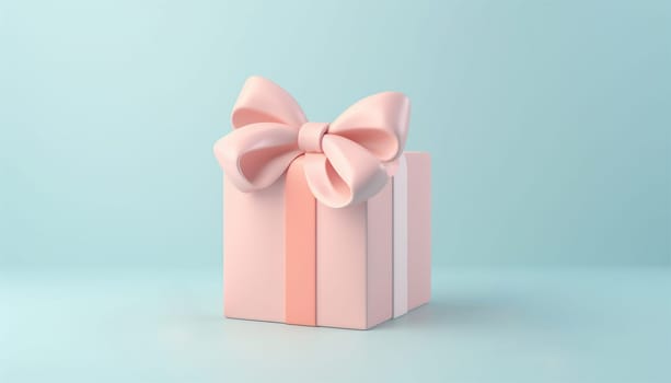 3d pastel closed gift box standing on the floor with pastel ribbon bow isolated on a light background. 3d render modern holiday surprise box. Realistic cute icon. Valentine,Birthday,present concept design Copy space