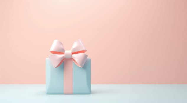 3d pastel closed gift box standing on the floor with pastel ribbon bow isolated on a light background. 3d render modern holiday surprise box. Realistic cute icon. Valentine,Birthday,present concept design Copy space