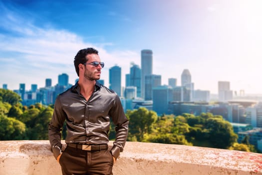 A man standing in front of a city skyline. A Lone Figure Admiring the Majestic Urban Horizon