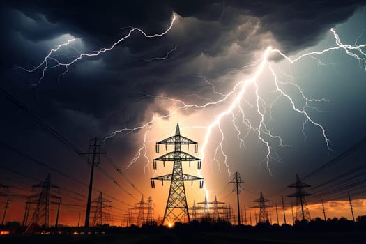 image of intense downpour, tempest with lightning and gloomy skies above electrical towers..