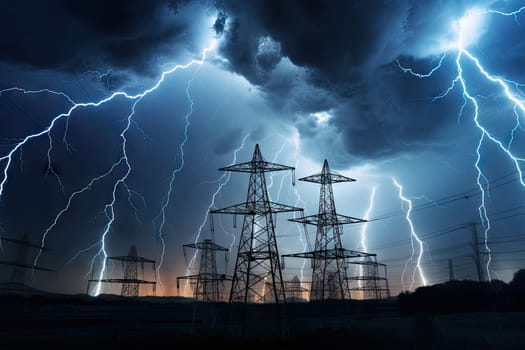 image of intense downpour, tempest with lightning and gloomy skies above electrical towers..