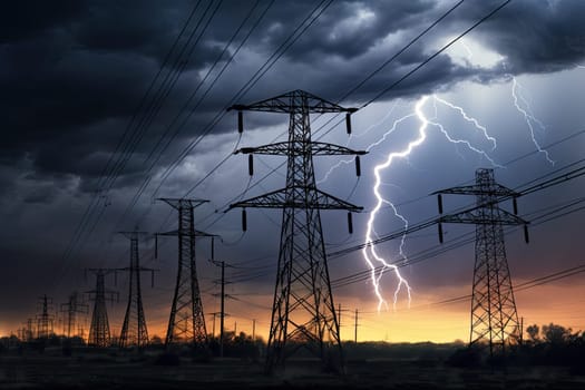 image of intense downpour, tempest with lightning and gloomy skies above electrical towers..