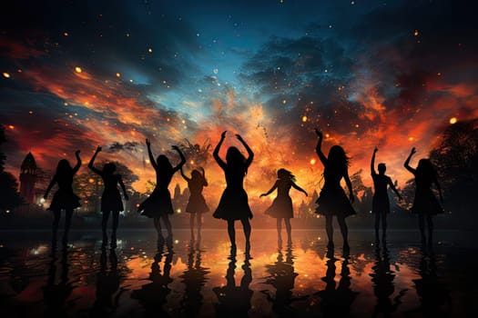 Unique people dancing silhouettes with firework background.by Generative AI..