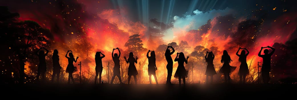 Unique people dancing silhouettes with firework background.by Generative AI..