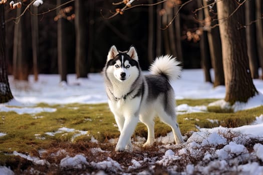 Alaskan Kli-Kai on the background of a winter forest, . ai generative art