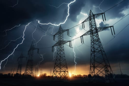 image of intense downpour, tempest with lightning and gloomy skies above electrical towers..