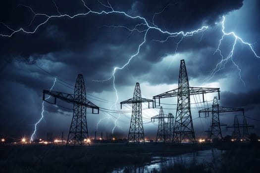 image of intense downpour, tempest with lightning and gloomy skies above electrical towers..