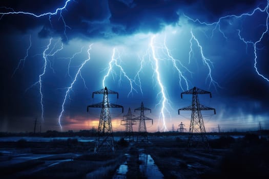 image of intense downpour, tempest with lightning and gloomy skies above electrical towers..