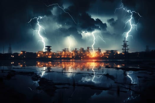 image of intense downpour, tempest with lightning and gloomy skies above electrical towers..