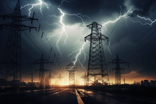 image of intense downpour, tempest with lightning and gloomy skies above electrical towers..