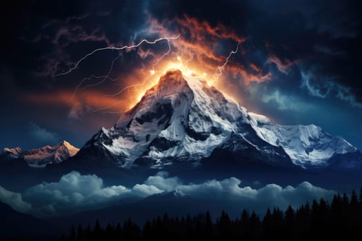 An awe-inspiring image of a mountain hit by lightning against the backdrop of the Milky Way galaxy by Generative AI.