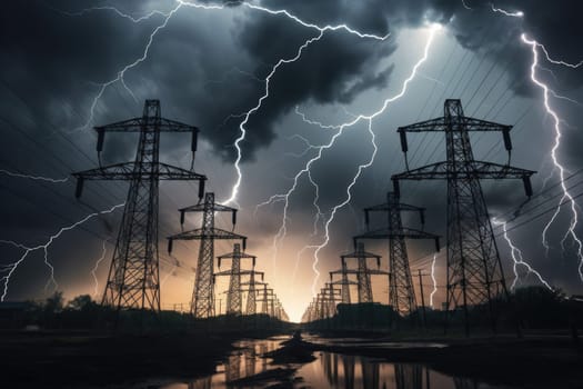 image of intense downpour, tempest with lightning and gloomy skies above electrical towers..