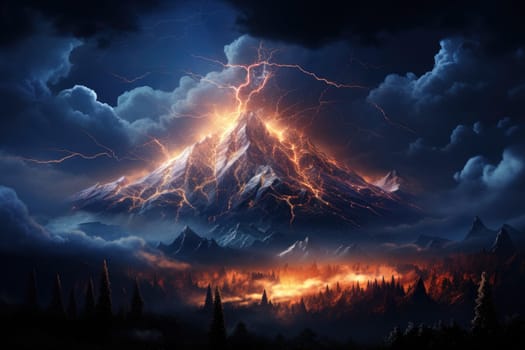 An awe-inspiring image of a mountain hit by lightning against the backdrop of the Milky Way galaxy by Generative AI.