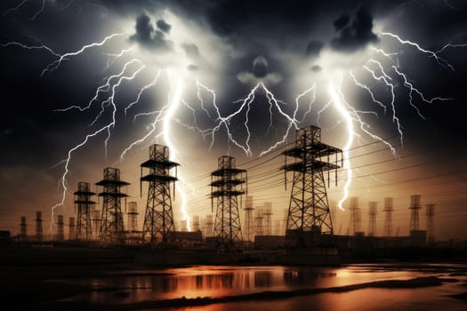 image of intense downpour, tempest with lightning and gloomy skies above electrical towers..