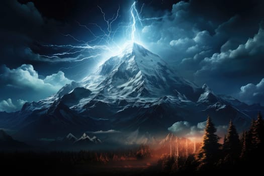 An awe-inspiring image of a mountain hit by lightning against the backdrop of the Milky Way galaxy by Generative AI.