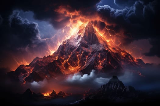 An awe-inspiring image of a mountain hit by lightning against the backdrop of the Milky Way galaxy by Generative AI.