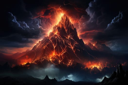 An awe-inspiring image of a mountain hit by lightning against the backdrop of the Milky Way galaxy by Generative AI.