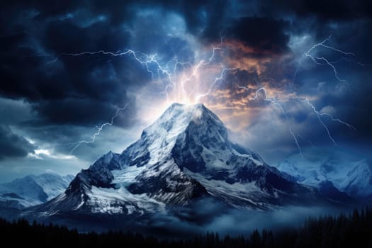 An awe-inspiring image of a mountain hit by lightning against the backdrop of the Milky Way galaxy by Generative AI.