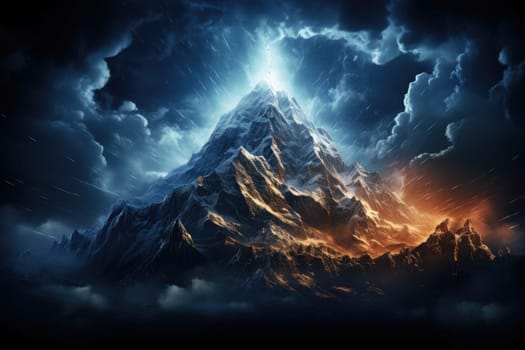 An awe-inspiring image of a mountain hit by lightning against the backdrop of the Milky Way galaxy by Generative AI.